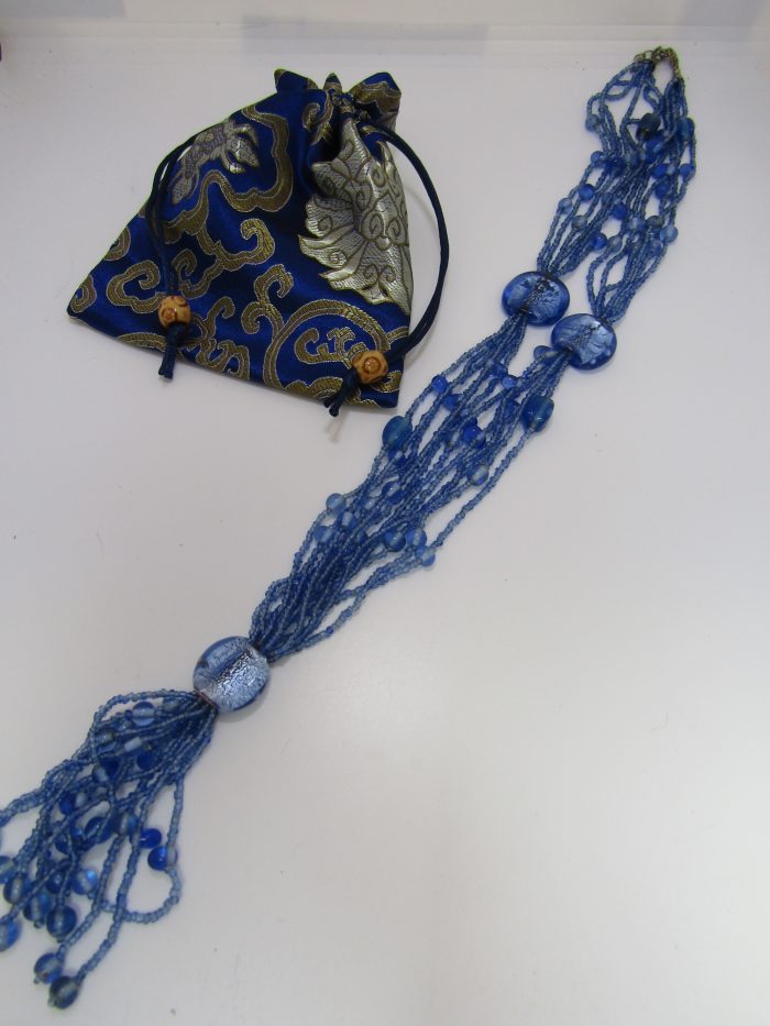 forget me not beads with blue brocade bag