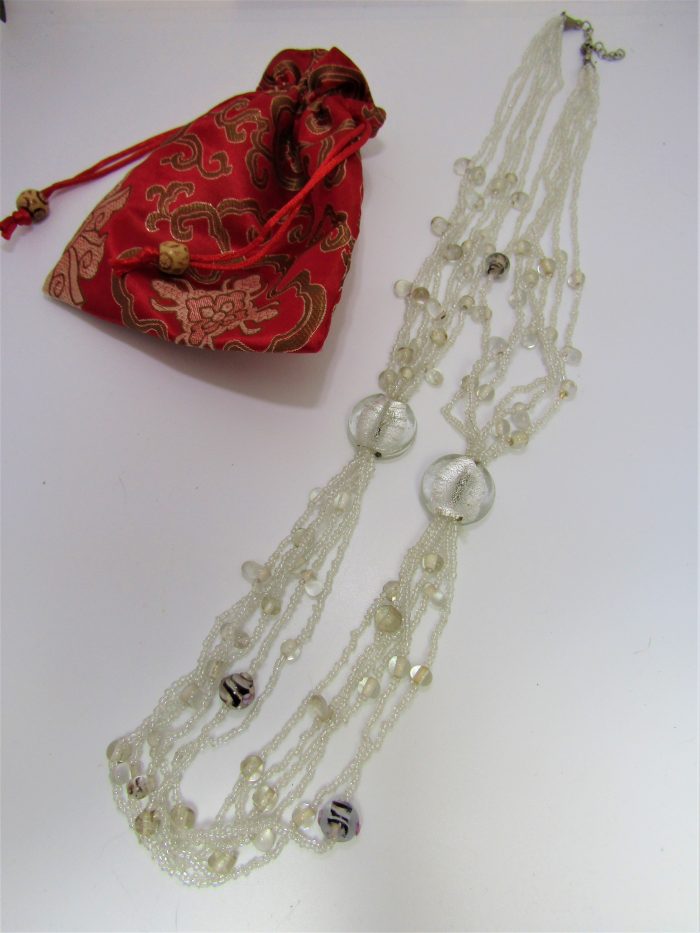 Glass Bead Flapper Necklace. snow white and scarlet brocade bag