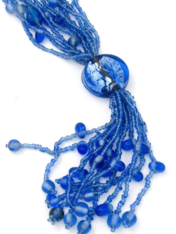 Glass Bead Flapper Necklace Forget me not Blue Tassel
